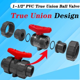 True Union Ball Valves Kit, 1-1/2'' UPVC Full Flow Ball Valves Set, ASTM EPDM O-ring, Rated 200 PSI, 2pcs Heavy Duty PVC Union Ball Valves with Slip Socket Full Port, for Various Water Control System