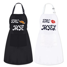 TOPWAYS Mr and Mrs Aprons Set for Couples, 2 Pieces Matching Aprons for Couples, His and Her, Funny Bridal Shower Gifts for Wedding, Valentine's Day, Anniversary, Christmas, black/white