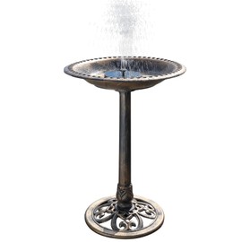 VINGLI 28 Inch Bird Bath with Solar Fountain Antique Copper Weather Resistant Resin Pedestal Birdbaths Floral Accents and Vintage Finish Garden Decor for Outdoor Lightweight Courtyard