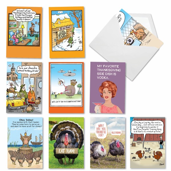 NobleWorks 10 Assorted Funny Thanksgiving Greeting Cards Bulk Box Set w/Envelopes. Retro Humor holiday Note Card Variety Pack for Man and Women (10 Designs, 1 Each) Turkey Time AC9505TGG-B1x10