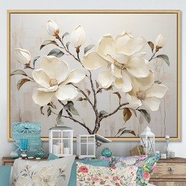 beige Natural framed wall art, Magnolias framed wall Art, Blooming Flowers In Beige And Green Magnolias, Magnolias framed wall art decor, 44x34 inches Natural brown color Frame