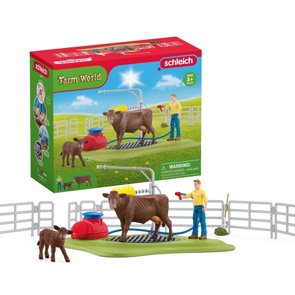 Schleich Farm World, Farm Animal Toys for Kids, Happy Cow Wash with Cow Toys and Working Wash Area 16-Piece Set, Ages 3+
