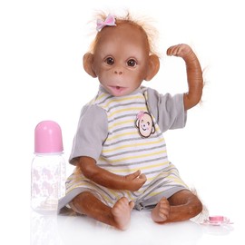 Realistic Baby Monkey Doll 16 inch 40 cm Lifelike Reborn Baby Monkey Handmade Detailed Painting Art Dolls with Yellow Stripe T-shirt