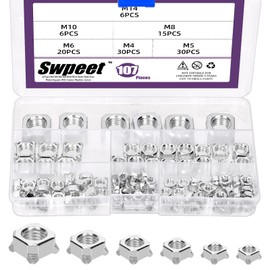 Swpeet 107Pcs 6 Sizes M4 M5 M6 M8 M10 M14 Zinc Plated Square Weld Nuts Assortment Kit, Square UNC Coarse Carbon Steel Machine Screw, Welding Nuts Fasteners for Vehicles Caster, Industry Machine