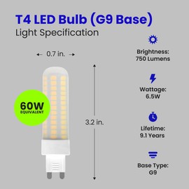 Feit Electric T4 LED Bulb G9 Base, Dimmable, 60W Equivalent, 3000K Warm White, 120V, 750 Lumens, 10,000 Hour Lifetime, Wall Sconce Light Bulb, BP60G9/850/LED