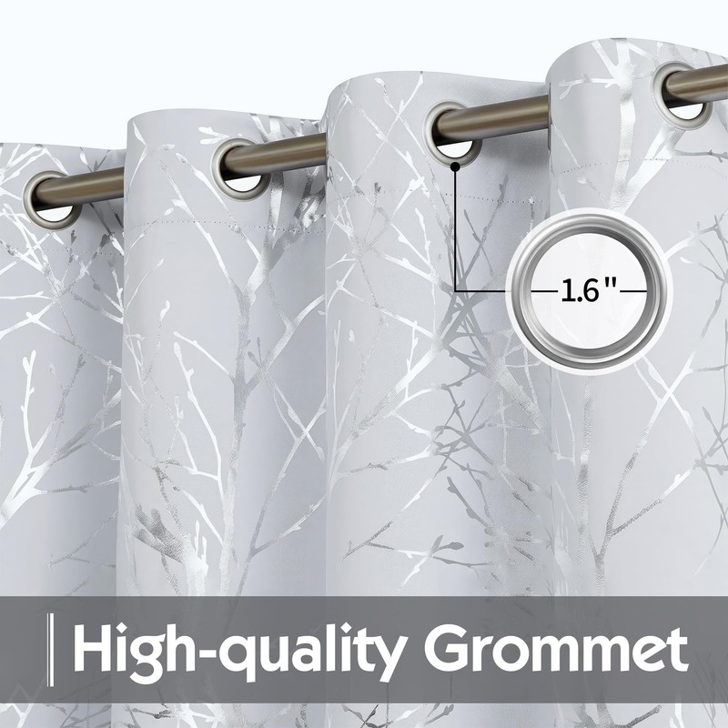 FMFUNCTEX 100% Blackout Curtains Siver Tree Branch Curtains for Living