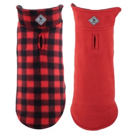 The Worthy Dog Fargo Fleece Check Dog Jacket, Adjustable Reversible with Harness Hole, Wind-Resistant, Winter Outdoor Clothes for Pets, Red - 14''