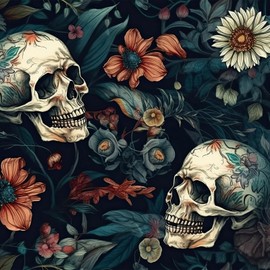 FunStick 17.5"x354" Dark Blue Skull Floral Peel and Stick Wallpaper Gothic Beige Skulls Contact Paper for Cabinets Waterproof Self Adhesive Orange Floral Wall Paper for Bedroom Bathroom Walls Shelves