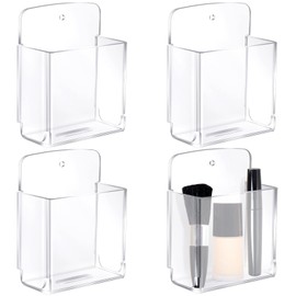 Gandeer 4 Pcs Acrylic Remote Control Holder Adhesive Wall Mount Phone Holder Clear Wall Mount Organizer Media Storage Box Pen Holder Phone Charging Storage Box for Home Office Living Room Bedroom
