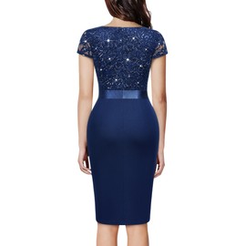 Miusol Women's Elegant Square Neck Glitter Sequin Lace Cocktail Dress (XX-Large, Navy Blue)