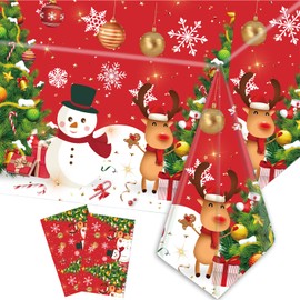 2 Pcs Christmas Plastic Tablecloth 54” x 108” Snowman Christmas Tree Snowflake Red Tablecloth Christmas Rectangle Waterproof Table Cover for Winter Holiday Family Dinner Christmas Party Decorations