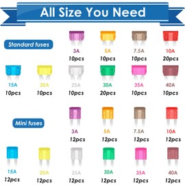 mxuteuk Pack of 252 Car Fuses Assortment Kit Car Fuses Standard and Mini Size with Fuse Puller (3A 5A 7.5A 10A 15A 20A 25A 30A 35A 40A) Replacement Fuses for Marine, Car, RV, Boat, Truck