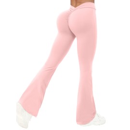 OVESPORT Workout V Back Flare Leggings for Women High Waist Scrunch Butt Lifting Wide Leg Yoga Pants Pink