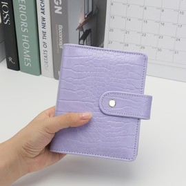A7 Binder Wallet Cash Envelopes PU Leather Budget Binder Crocodile Pattern Notebook Cover 6 Rings Loose Leaf Folders with Snap Button for Organizer Traveller Journal (Purple)