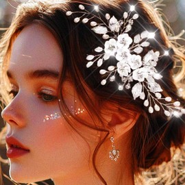 Unicra Flower Bridal Hair Comb Pearl Wedding Headpiece Leaf Hairpiece Silver Rhinestone Hair Accessories for Women and Brides (Silver, Free)