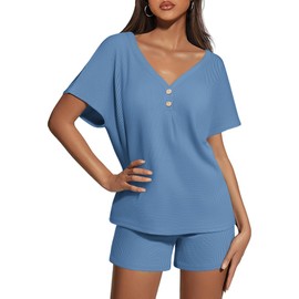 Ekouaer Womens 2 Piece Short Sets Waffle Knit Lounge Set Women's Pajama Set Summer Outfits V Neck and Shorts with Pockets Navy