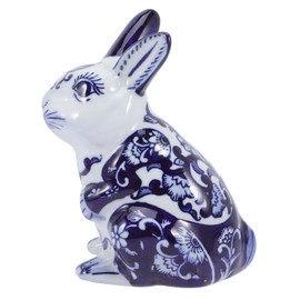 VOSAREA Ceramic Rabbit Figurine Blue and White Porcelain Bunny Statue Chinoiserie Decor for Home Table Book Shelf Car Dining Table Centerpiece