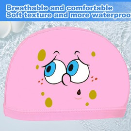 Kids Swimming Cap, 2 Pieces Quick Dry Stretch Fabric Swimming Cap Elastic Swimming Cap with Coating Cartoon Pattern Unisex Fabric Swimming Cap for Girls Long Hair Kids