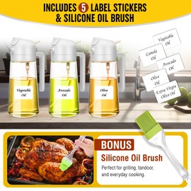JANNELE 2-in-1 Oil Dispenser and Sprayer – 16oz/470ml Olive Oil Dispenser Bottle for Cooking – Oil Dispenser for Kitchen, Oil Mister for Air Fryer, BBQ, Salad, Frying – Includes Stickers & Oil Brush