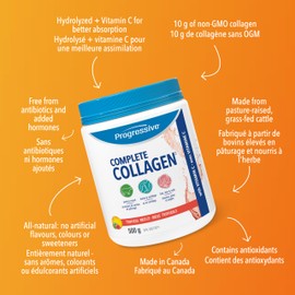 Progressive Progressive Complete Collagen Tropical Breeze, Canadian-Made, for Healthier Hair, Skin, Nails and Joints. Grass-Fed Non-GMO with Antioxidants, Hydrolyzed with Vitamin C for Best Absorption, 500 g