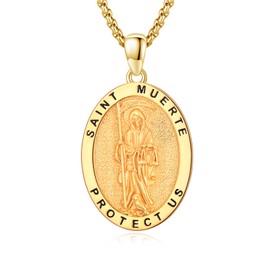 OHAYOO Santa Muerte Necklace for Men 925 Sterling Silver Holy Death Necklace Grim Reaper Necklace Santa Muerte Pendant Jewelry for Women-Yellow Gold Plated, 0.98*0.75inches, Sterling Silver, No