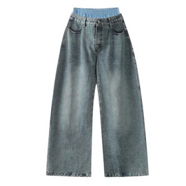Aelfric Eden Double Waist Loose Sagging Jeans Baggy Denim Pants High Waist Stretchy Straight Wide Leg Jeans Blue