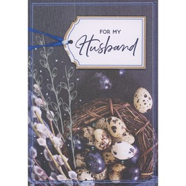 Designer Greetings 3D Die Cut White and Brown Tag with Blue Ribbon and Blue and Silver Sequins Over Basket of Eggs Photo Hand Decorated Easter Card for Husband