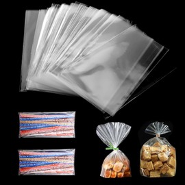 FINEASY Transparent Candy Bags, Cellophane Bags, Small with Metallic Ties, Candy Bar Bags, Cellophane Bags for Children's Birthday Party Bags, Party Bags, Party Favours (15 x 20 cm, Pack of 100)