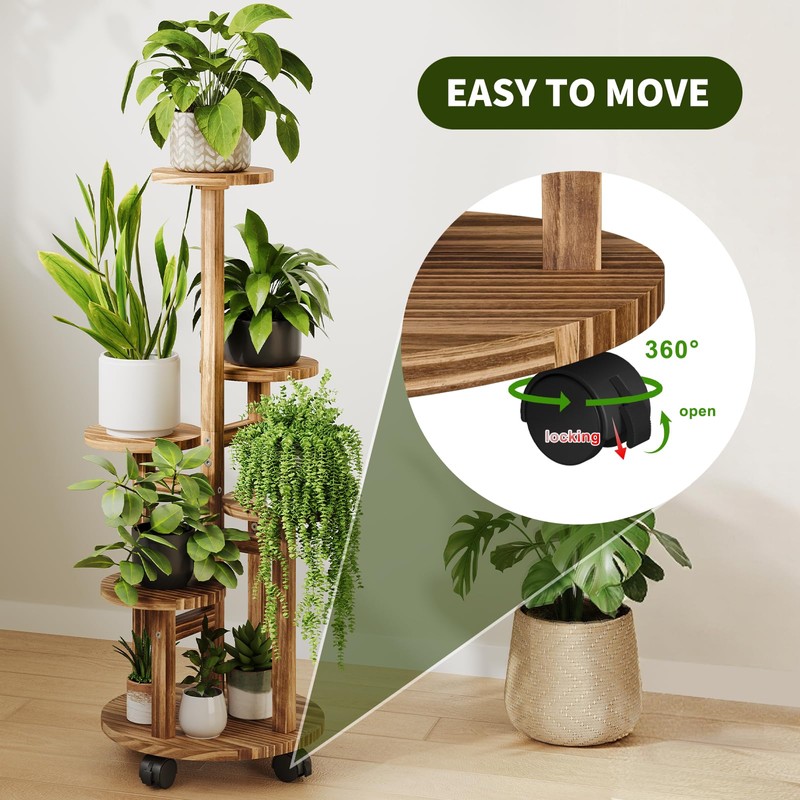 Uneedem 5 Tier Plant Stand Indoor with Wheels, Wood Tall