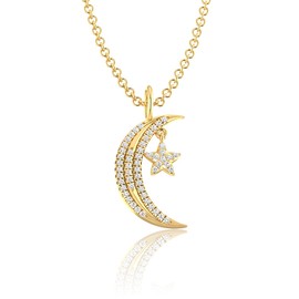 Belinda Jewelz 14K Solid Yellow Gold Moon and Star Charm Pendant with 0.16 carats Round Cut 53 0.8mm White Diamond in Prong Setting for Necklace, Bracelet & Anklet to Gift