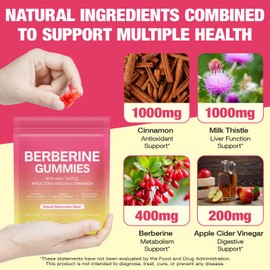 Berberine Gummies with Ceylon Cinnamon 1000mg, Milk Thistle, ACV, Berberine Supplement for Energy and Metabolism Support, Gut Health, Sugar Free Vegan Berberine Gummies Watermelon flavor (60 Count)