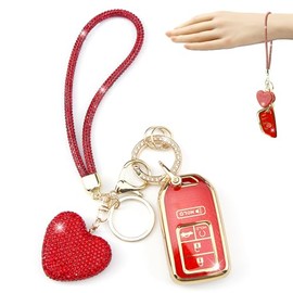 YIKECASE Key Fob Cover with Diamond Heart Keychain Car Key Holder Compatible with Honda Accord Civic CRV Pilot Ridgeline Passport 2016-2022 Key Protector for Women, 5 Buttons (Red-Wrist Rope)