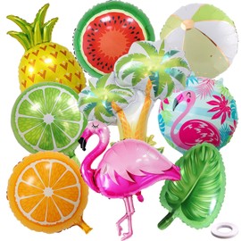 GWAWG 9Pcs Tropical Hawaiian Party Balloons, Flamingo, Pineapple, Coconut Tree, Monstera Leaf Mylar Foil Balloons for Luau, Summer, Birthday, Beach, Pool Decorations, Aloha Party Decor