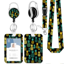 Tropical Pineapples ID Badge Holder with Lanyard,Retractable ID Badge Card Holders Detachable Neck Lanyard Strap with Badge Reel and Vertical ID Holder for Students Teachers Office Staff Nurse