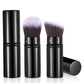 2PCS Retractable Makeup Brush, Travel Kabuki Powder Makeup Brush, Foundation Face Blush Brushes for Blending Liquid, Blush, Bronzer, Buffing, Sunscreen and Flawless Cosmetics (Flat-Tip + Angled-Tip)