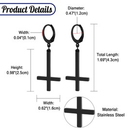 JewelryWe Inverted Cross Hoop Earrings: Men Women Black Religious Peter Cross Huggie Stainless Steel Gothic Dangle Drop Earrings Jewelry Gift