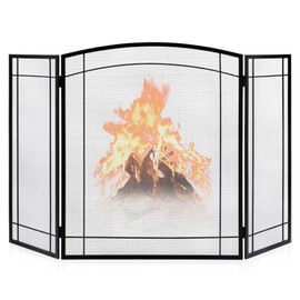 FEED GARDEN 3 Panel Fireplace Screen 48" W x 29" H Modern Foldable with Wrought Metal Decorative Mesh,Arch Heavy Duty Fire Spark Guard Cover for Home Decor Indoor, Black