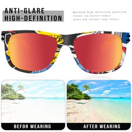Queshark Polarised Sunglasses Men Women Ultralight & TR90 Frame & UV400 Protection & HD Pilot Lenses, Classic Sunglasses for Cycling Running Driving Fishing Hiking Climbing Riding, Printed Frame & Red