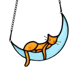 BOXCASA Sleeping Cat Stained Glass Windown Hanging,Orange Cat on Moon Beautiful Handcrafted Sun Catcher Gifts for Daughter,Mothers Day,Christmas and Cat Lover