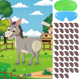 Hxezoc Pin The Tail On The Donkey Party Game with 48 Pcs Tails Large Farm Donkey Games Poster for Kids Birthday Party Carnival Party Supplies