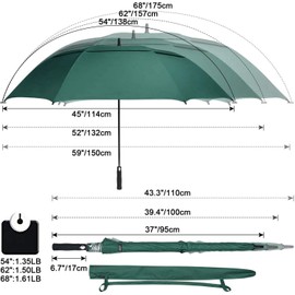 G4Free 62 inch Extra Large Windproof Golf Umbrella Auto Open Umbrella Double Canopy Vented Anti UV Sun Protection Oversize Stick Umbrellas（Dark Green）
