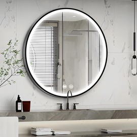 KAASUNES Dimmable 30 Inch LED Lighted Round Mirror Wall Mount Circle Illuminated Bathroom Vanity Mirror with Anti-Fog Demister Pad Built in Touch Switch