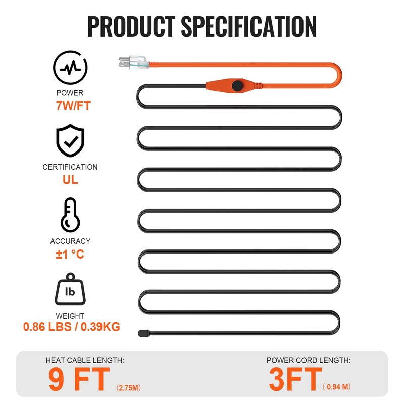 VEVOR Pipe Heating Cable, 9FT 7W/FT Heat Tape for Pipes