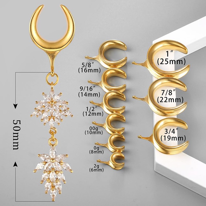 BOKABOO 2Pcs Gold Saddle Plugs with Cute Flower Crystals Dangle