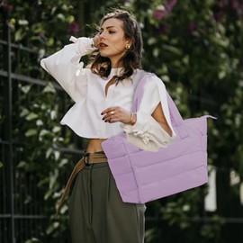 Fantysancket Tote Bag for Women-Nurse bags Lightweight Puffy Tote Bag with Compartments-Quilted Shoulder Bag for Travel, Work (Lilac)