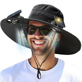Solar Powered Fan Hat-2 Solar & USB Fans Fishing Hat-3-Speed Adjustable,UPF 50+Sun Protection Men Outdoor Wide Brim Sun Hat with Built-in Solar Fans for Fishing Summer Camping Hiking -Black