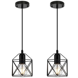 1-Light Hanging Pendant Light Fixture, Black Pendant Lights Kitchen Island, Farmhouse Pendant Lighting with Bedroom Dining Room, E26 Base, Bulbs Not Included, 2Packs