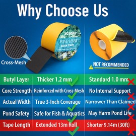 Pond Liner Seam Tape 3" x 40 ft (Actual 13m) – Double-Sided Butyl Adhesive Tape for EPDM & PVC Liners, Waterproof & Fish-Safe Repair Tape for Ponds, Water Features, Outdoor Landscaping & DIY Projects