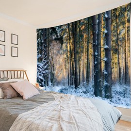 LB - Tapiz de invierno para el bosque de nieve, árbol de pino negro y verde con copo de nieve blanco para recámara, paisaje natural para colgar en la pared, arte de pared para sala de estar, decoración del hogar, 40 pulgadas de largo x 60 pulgadas de anc