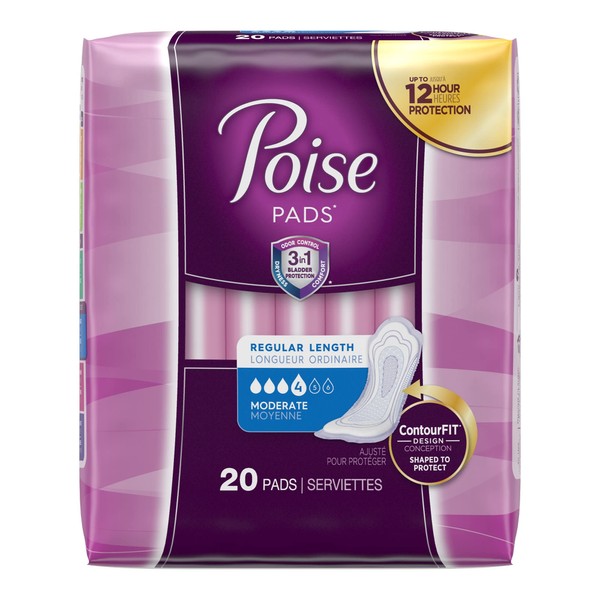 Poise Regular Length Pads - 20 Pads in 1 Pack - #4 Absorbency - Instantly Absorbs Bladder Urine Leakage Control